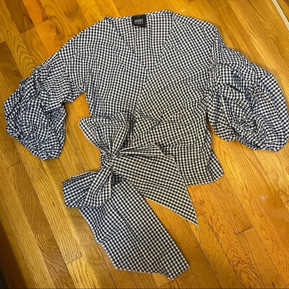 Moon River Tops - Navy/White Gingham Wrap Shirt